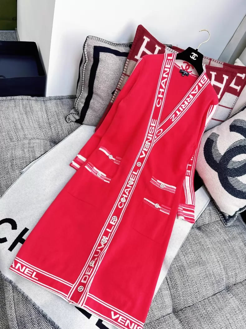 Chanel 20C Red Logo Long Knit Cardigan