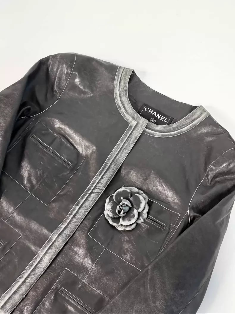 Chanel 03P Grey Leather Camellia Jacket