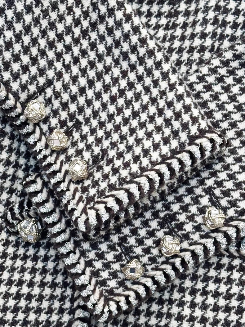 Chanel 15K brown houndstooth knotted crystal-buttoned coat