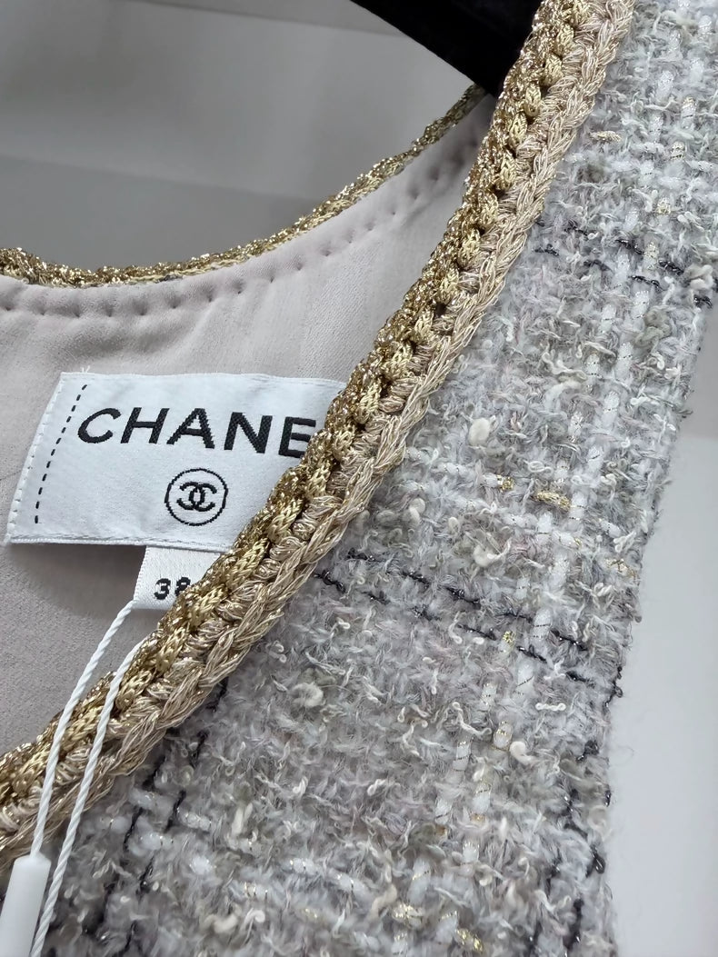 Chanel 25B grey tweed dress with gold trim