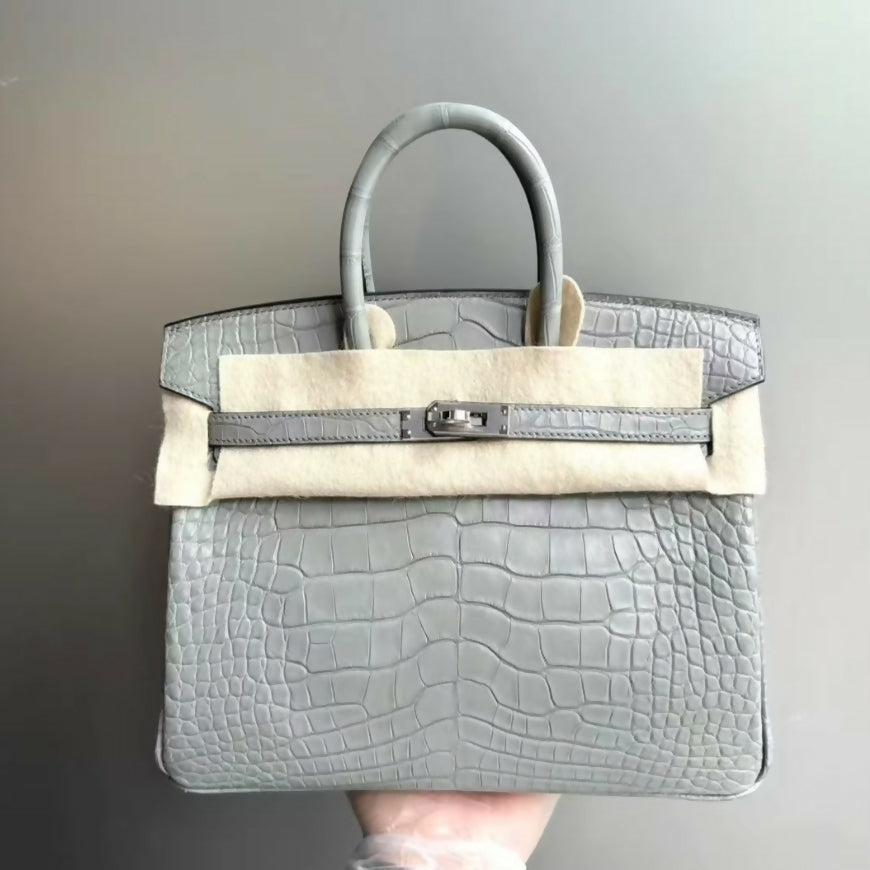 Hermes Birkin 25 gris perle matte crocodile leather palladium