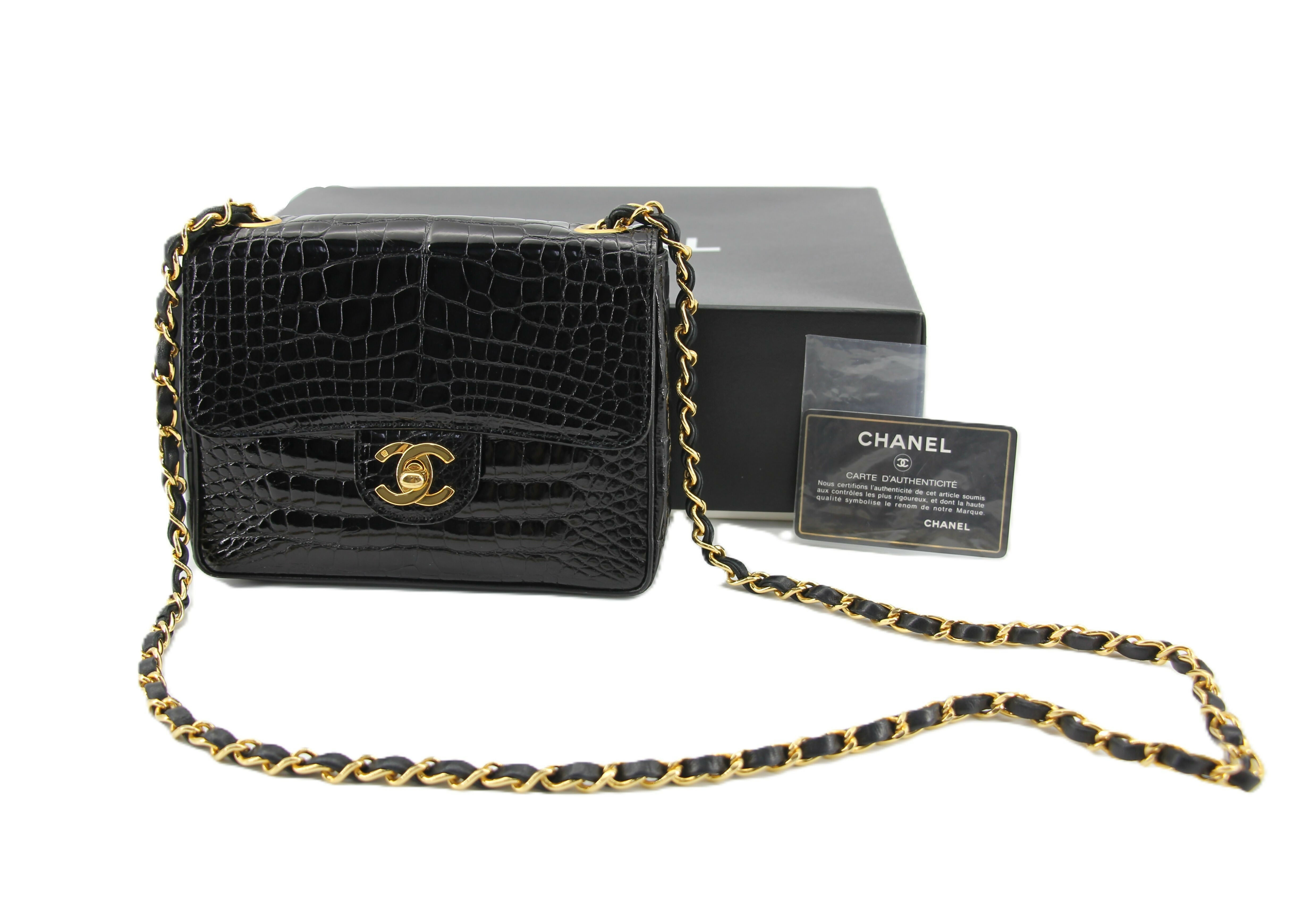 Chanel Vintage 89-91 Black Alligator Mini Square Gold Hardware
