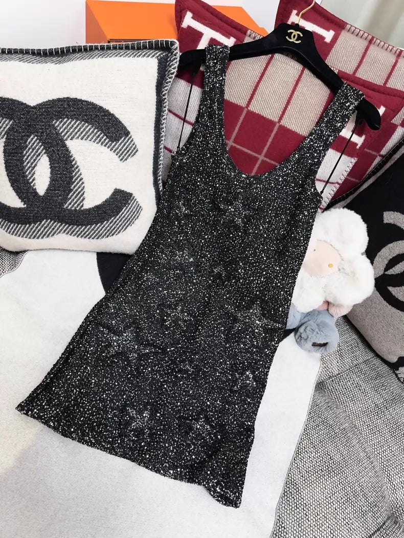 Chanel 24C Black and Silver Glittering Star Sequin Black Dress