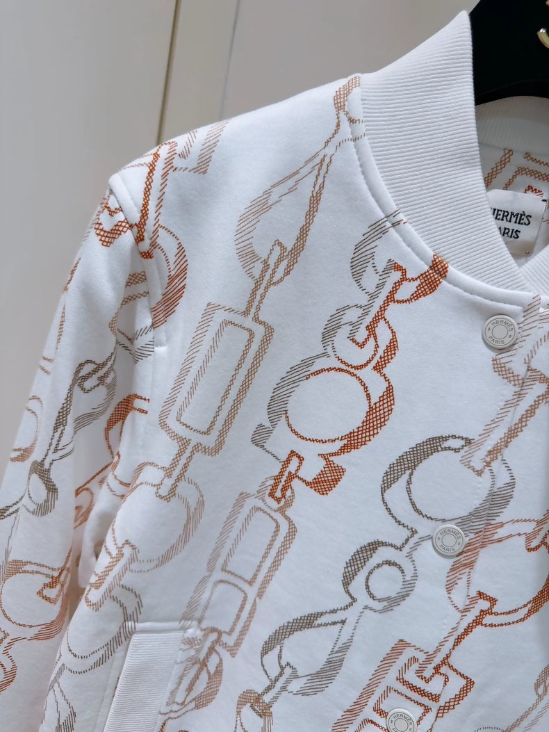 Hermes Swirling Rhythm White Print Baseball Jacket