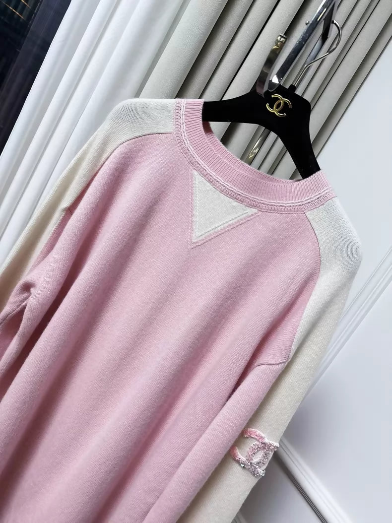 Chanel 24C pink and white cashmere knit dress with double C sequined logo badge