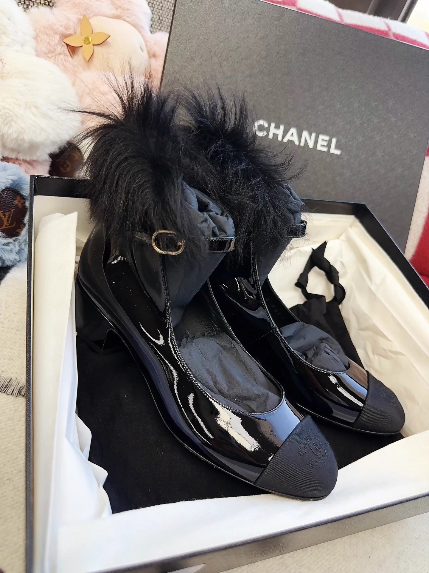 Chanel 23n Mary Jane black leather fur shoes Chanel 23n Mary Jane black leather fur shoes