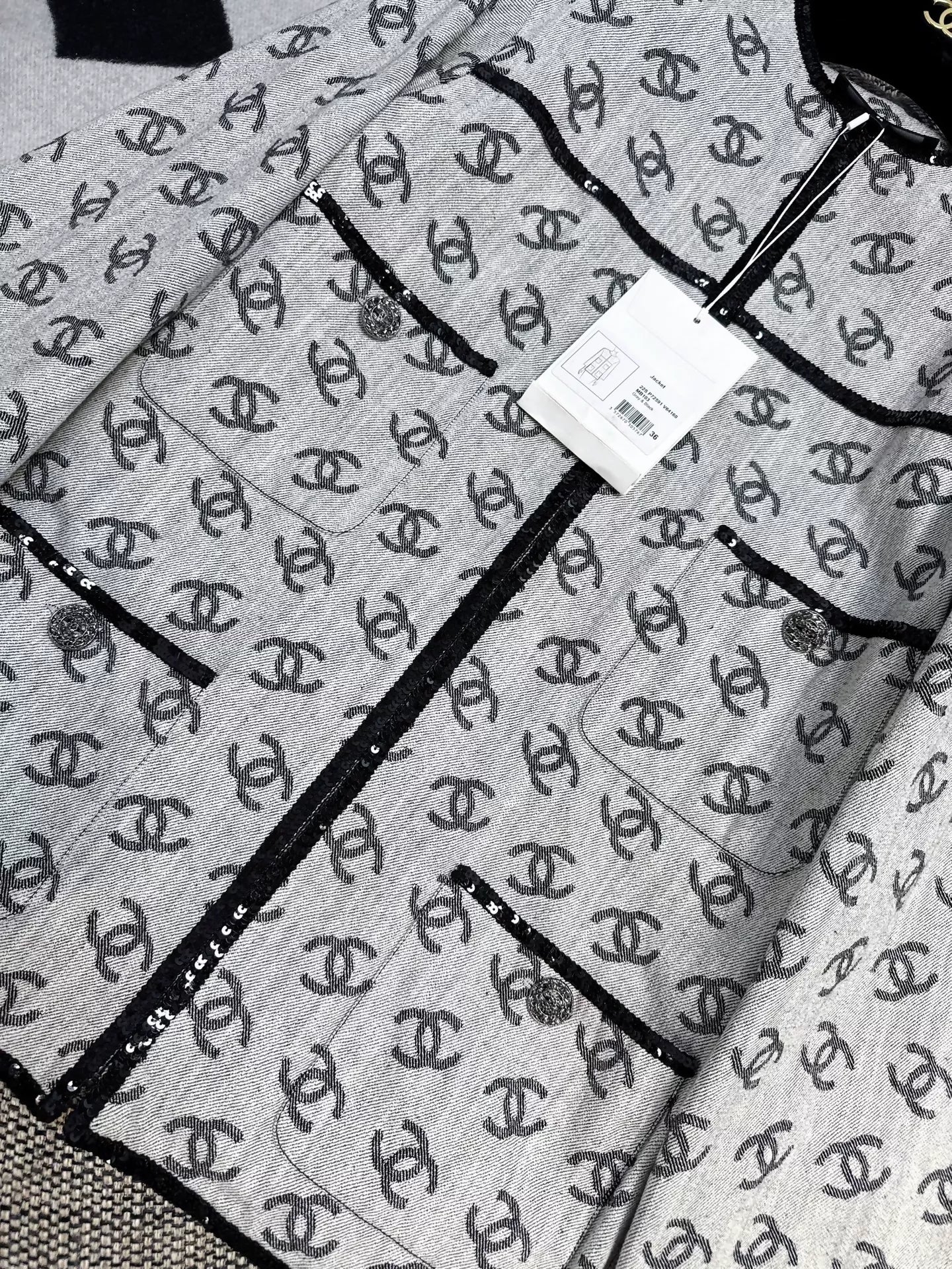 Chanel 22S gray denim jacket with full double C logo print