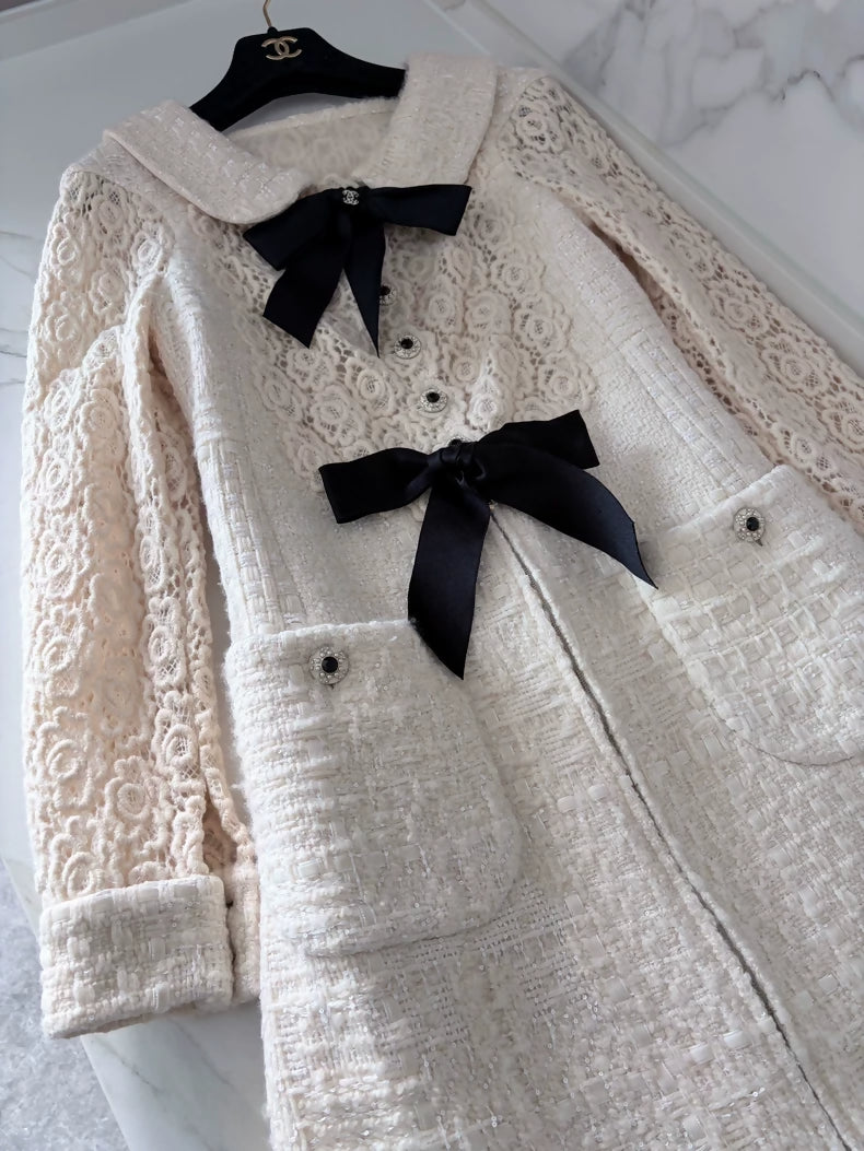 Chanel 15A ecru Lace black Bow Dress