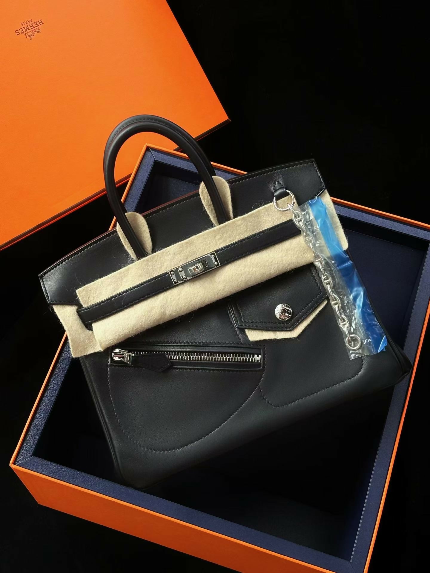 Hermès Limited Edition Birkin 25 Rock Noir Volupto & Smooth Calfskin with Chains & Palladium Hardware