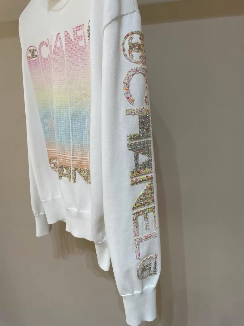 Chanel 24C Colourful Letter Print Sequin White Sweater
