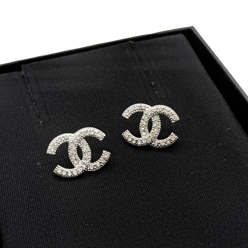 Chanel sparkling silver double C stud earrings
