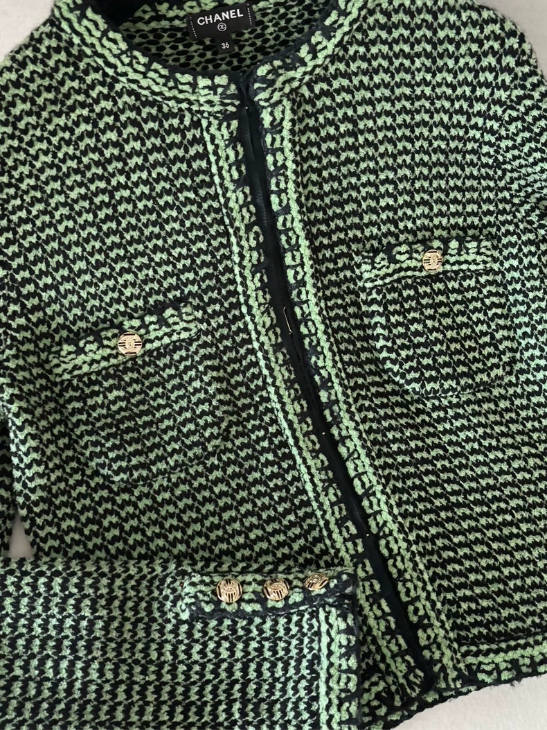 Chanel 21P Green and Black Tweed Cardigan