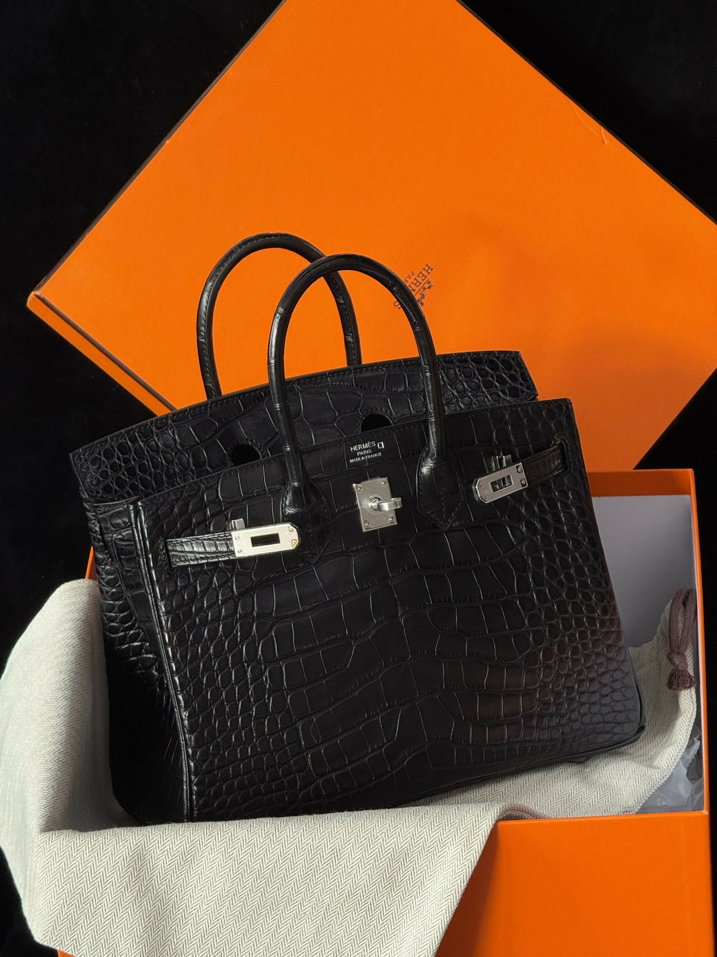 Hermès Birkin 25 Noir (Black) Matte Porosus Alligator with Palladium Hardware