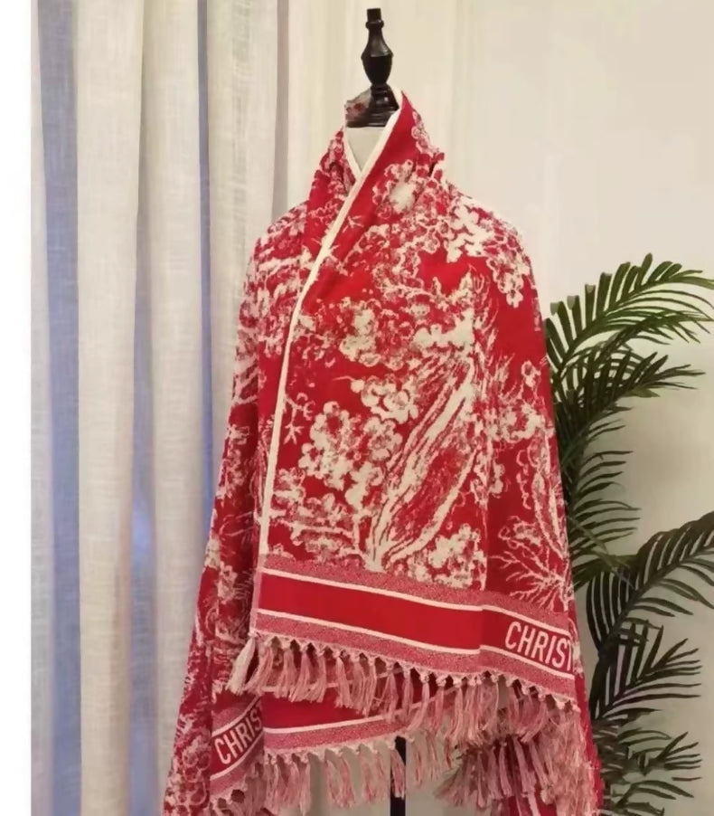 Dior Christmas Red Zoo Pink and White Classic Embroidered Tassel Shawl
