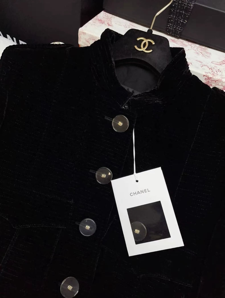 Chanel black velvet long coat