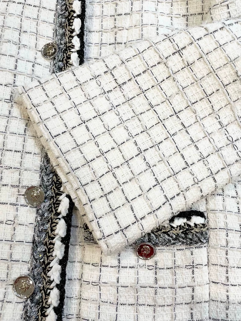 Chanel 25S Black and white checkered tweed cape coat