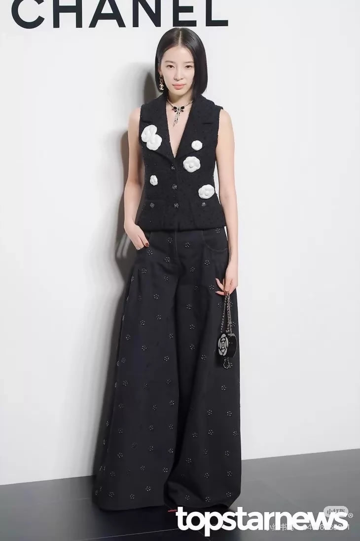 Chanel 23K embossed camellia black wide-leg jeans