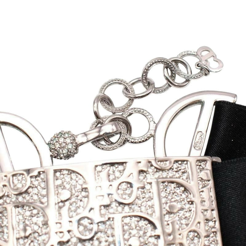 Rare Dior John Galliano Crystal Silver Metal Silk Trotter Choker Necklace