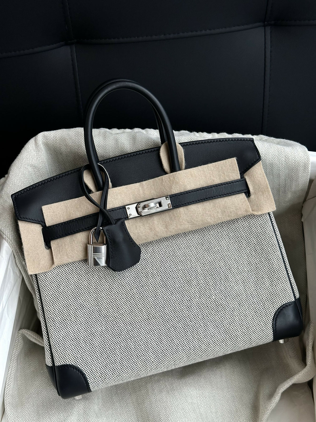 Hermès Birkin 25 Black and White Toile & Leather with Palladium Hardware