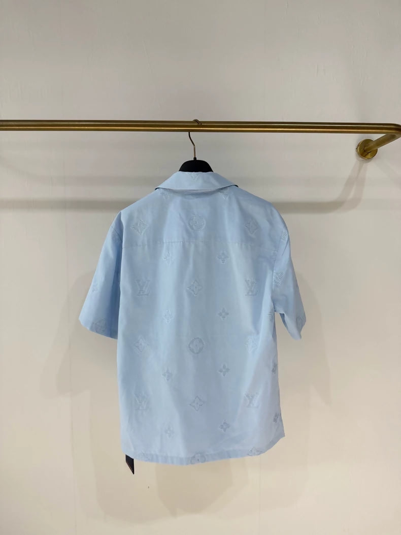 Louis Vuitton 26 MONOGRAM Blue Embossed Logo Short-Sleeve Shirt