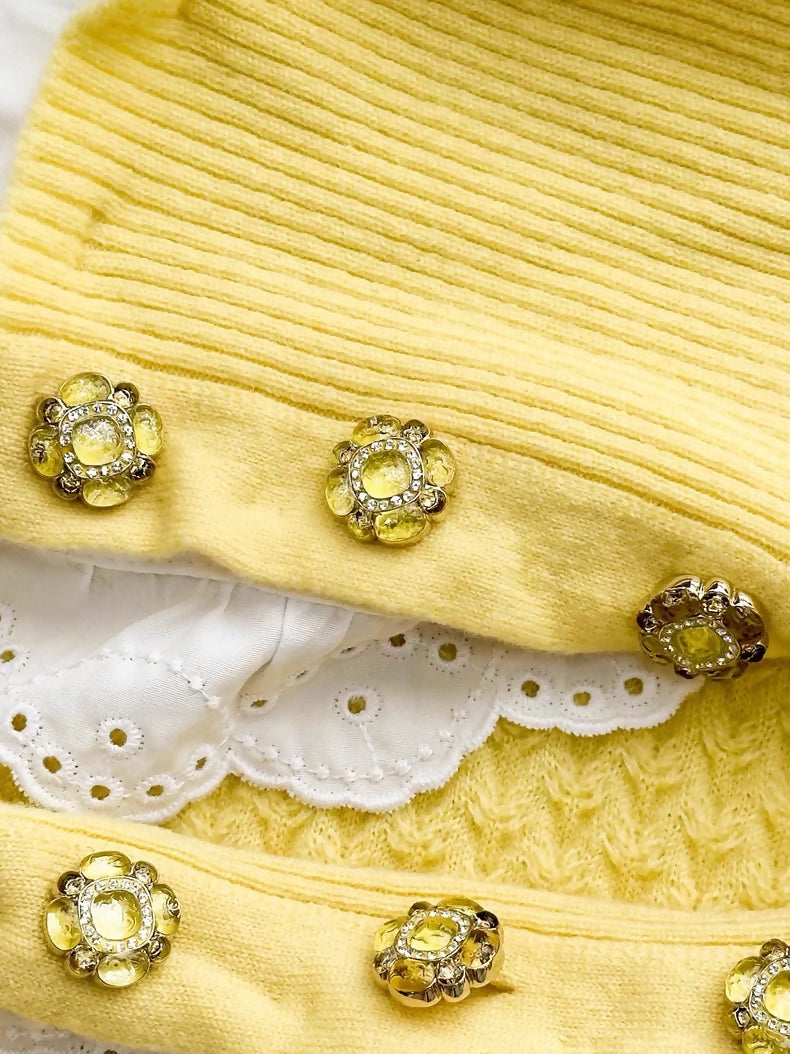 Chanel 24A yellow knit top with white lace trim on the collar and cuffs