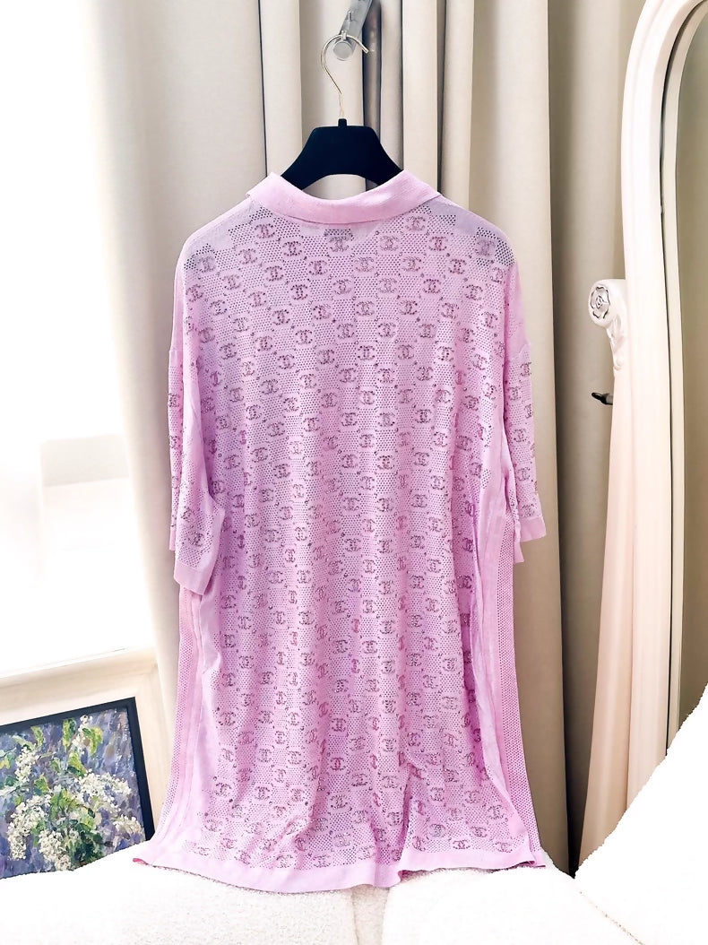 Chanel 23P pink polo dress with full rhinestone double C logo print