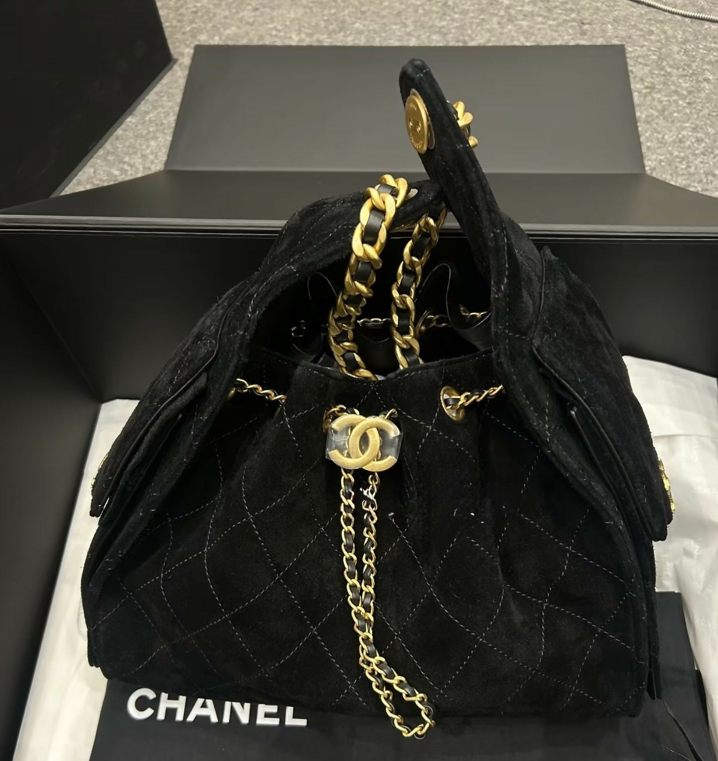 Chanel 2025 Suede Calfskin & Gold Metal Black Small Handbag