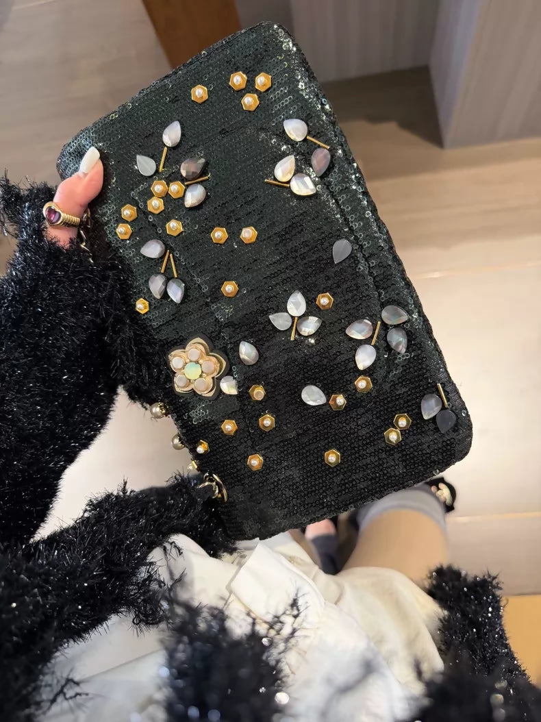Rare Chanel 22 Dark Green Handmade 3D Beaded Flowers medium flap bag