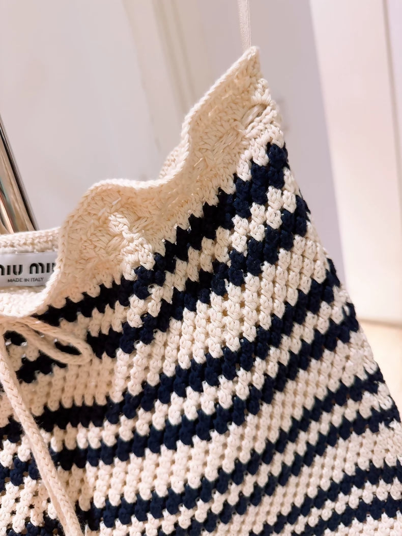 Miu Miu Retro Navy Striped Hollow-Out Knit Mini Skirt