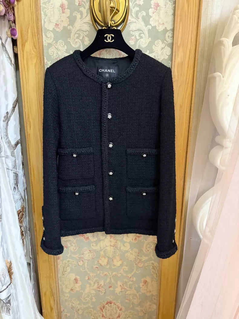 Chanel 23K Black Floral Rhinestone Button Tweed Jacket