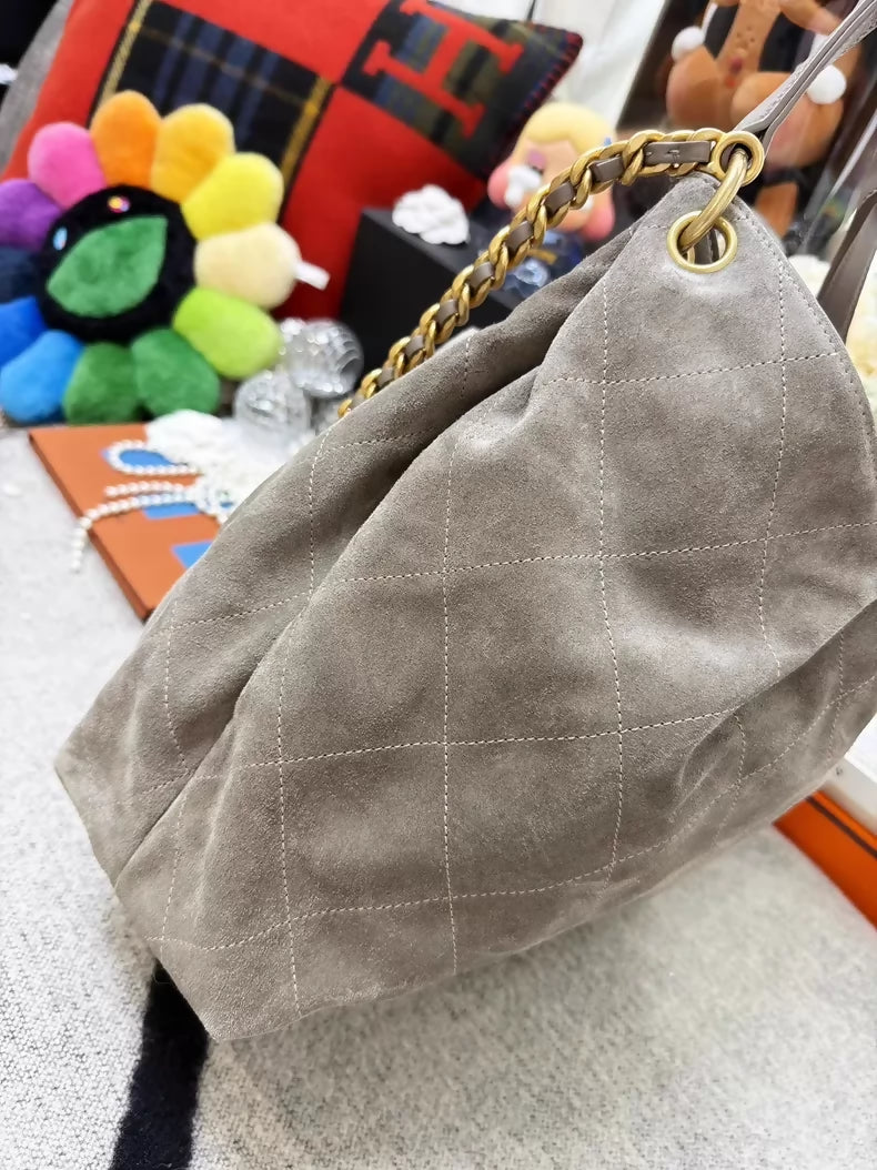 Chanel 26C Grey Suede Maxi Hobo, large size gold hardware shoulder bag