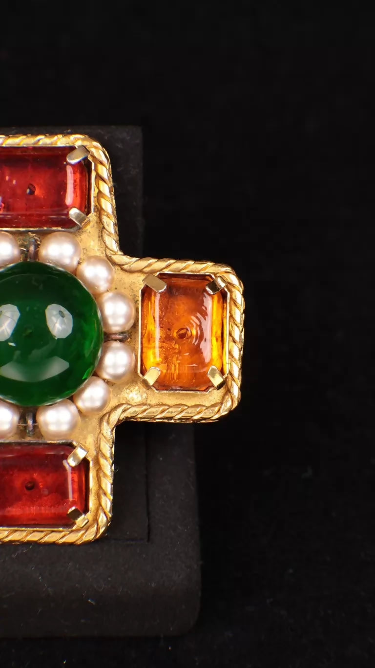 Chanel 1991 Red and Green Candy Glass Cross Brooch