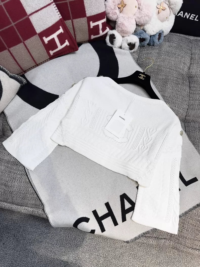Chanel 20P White Double C Jacquard Knit Off-Shoulder Top