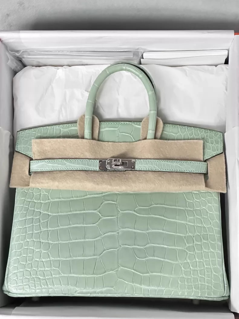 Hermes Birkin 25 6U Vert d'Eau matte crocodile leather palladium hardware