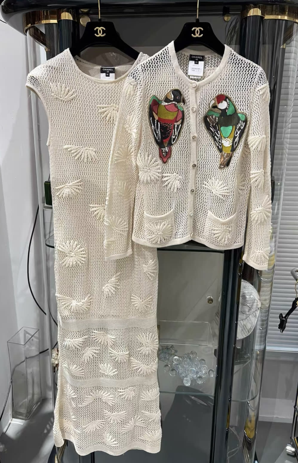 Chanel 17C crochet dress with parrot cardigan three pieces suit