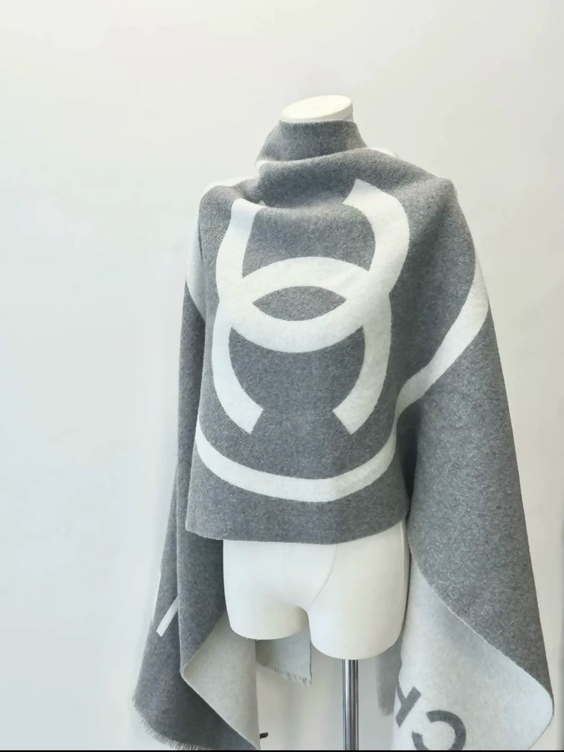 Chanel 21K grey cashmere scarf with large logo