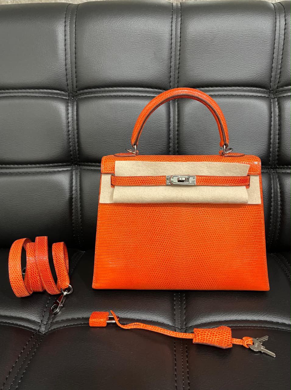 Hermes Kelly 25 Tangerine Lizard Ruthenium Hardware – Wararni.com