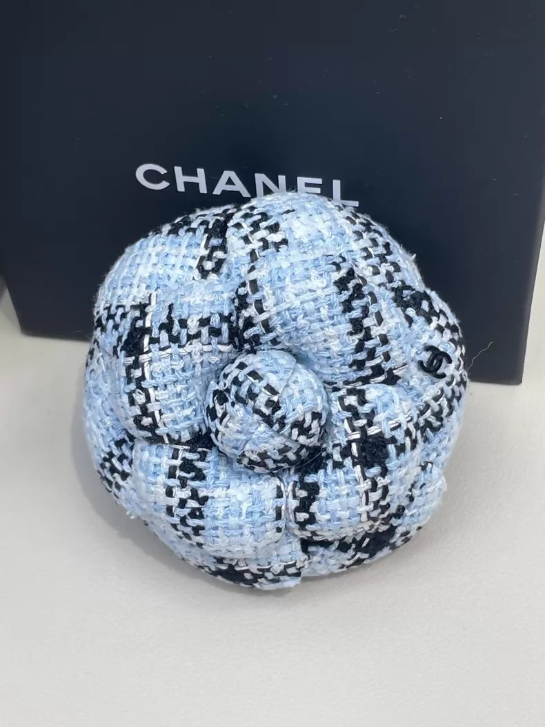 Chanel 25S Blue Tweed Camellia Brooch
