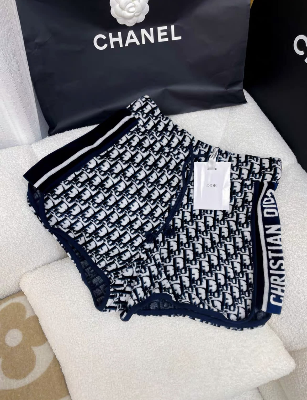 DIOR SHORTS Navy Blue Dior Oblique Velvet-Effect Cotton Jersey