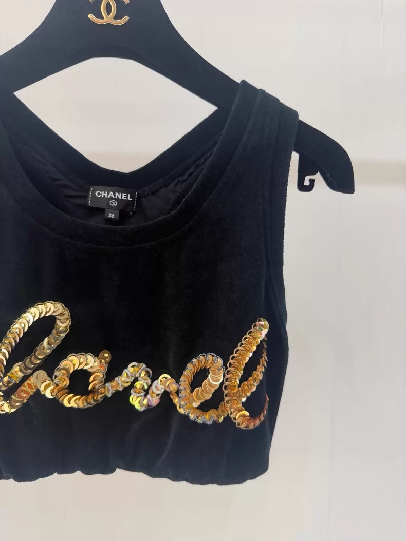 Chanel 22S black sequined velvet cropped top