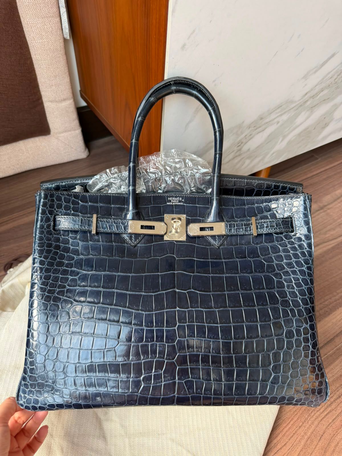 Hermes Birkin 35 Bleu Tempete Shiny Porosus crocodile leather palladium hardware