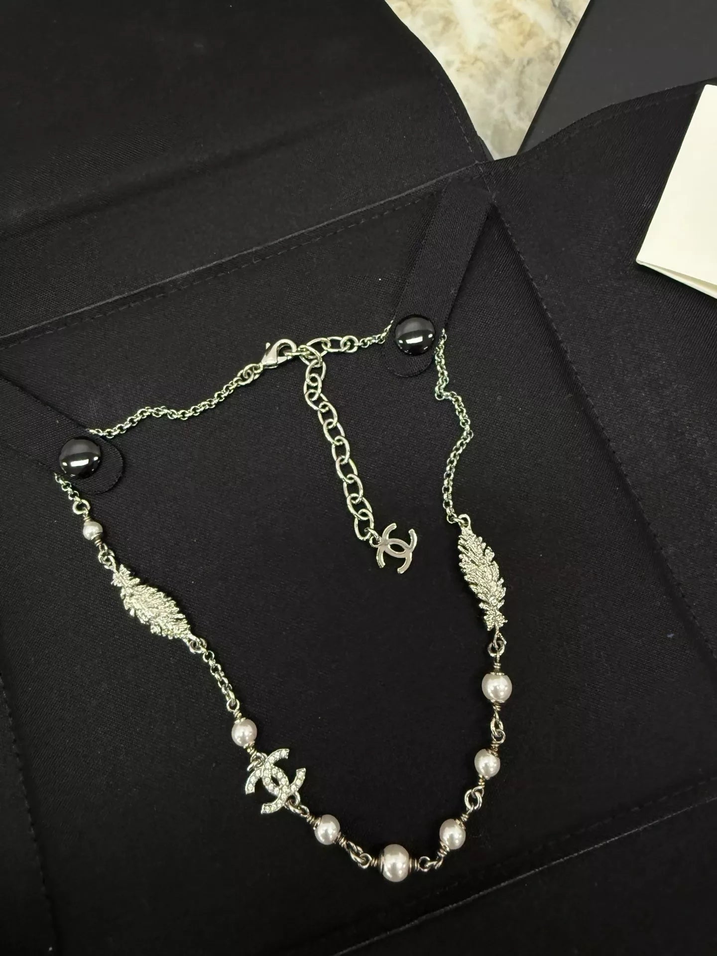 Chanel 25S double c rhinestone pearl feather necklace
