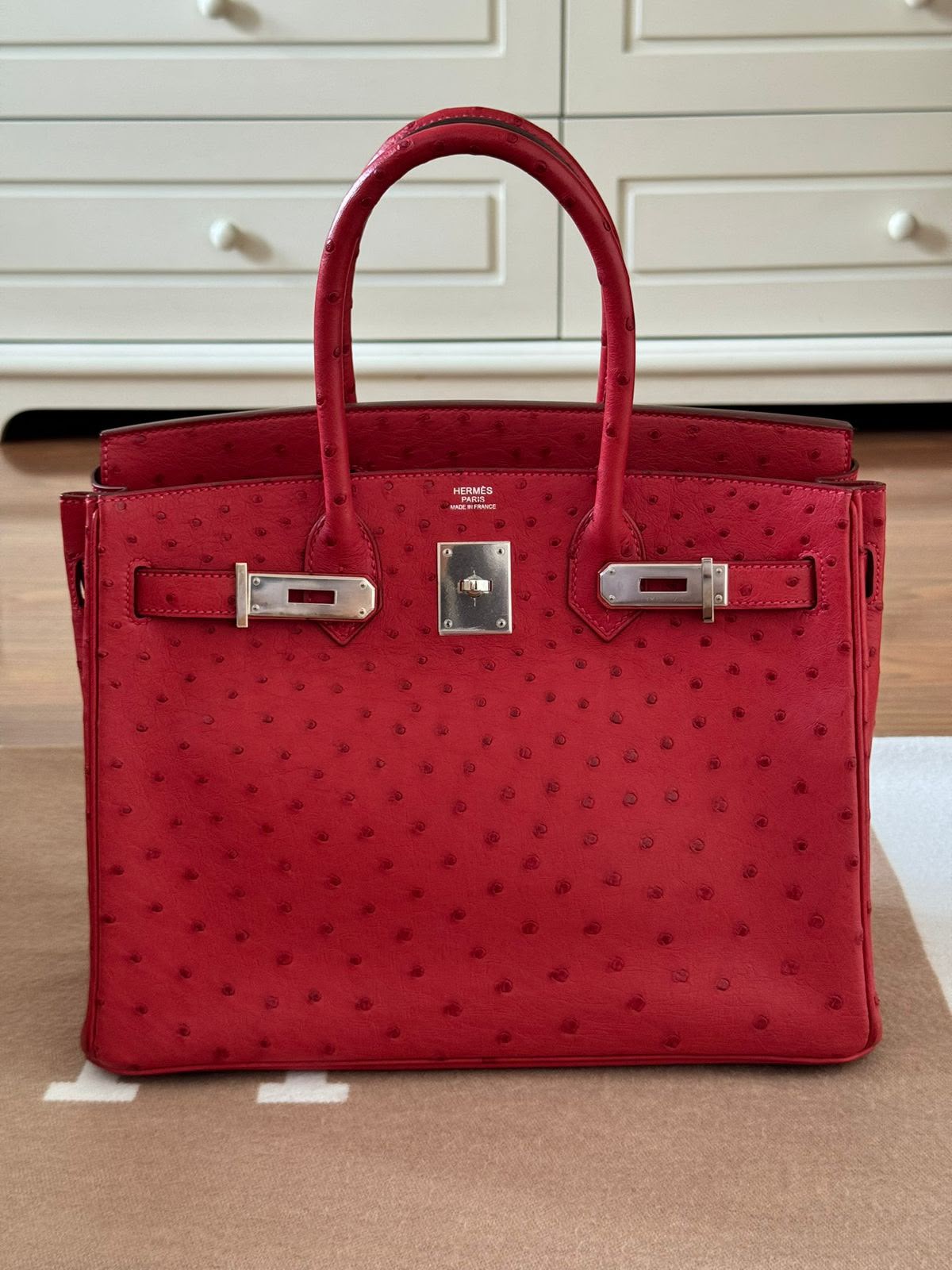 Hermes Birkin 30 Rouge Vif Ostrich Leather Palladium Hardware