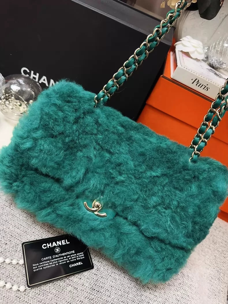 Chanel 19K green vintage quilted fur CF chain crossbody bag