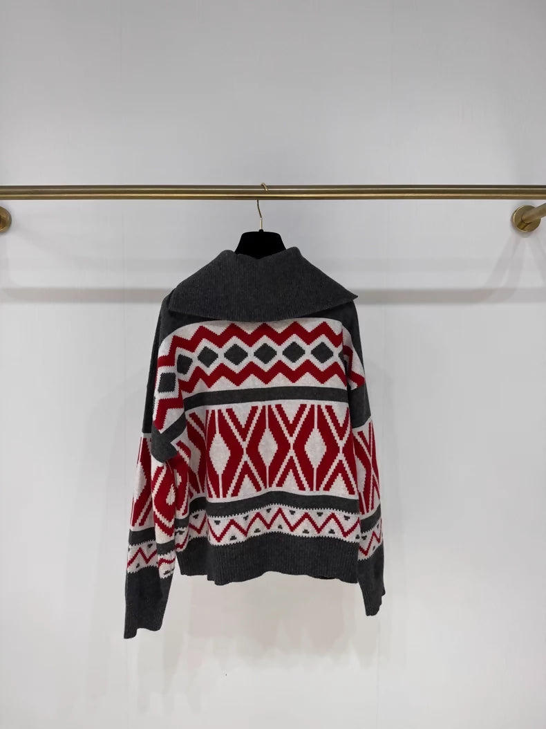 Brunello Cucinello Red Jacquard Half-Zip Cashmere Knit Sweater,