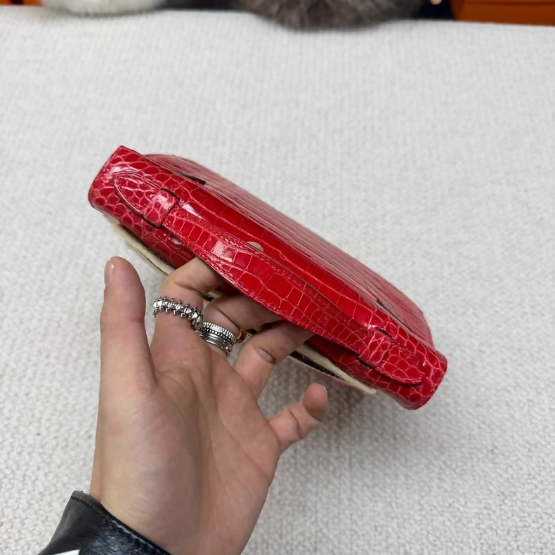 Hermes Kelly pochette red shiny alligator leather gold hardware