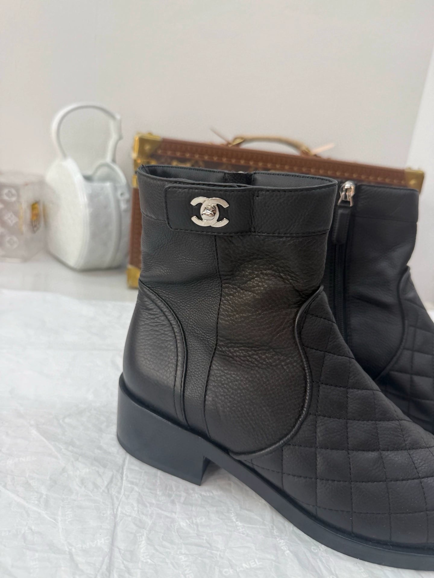 Chanel black diamond pattern classic ankle boots