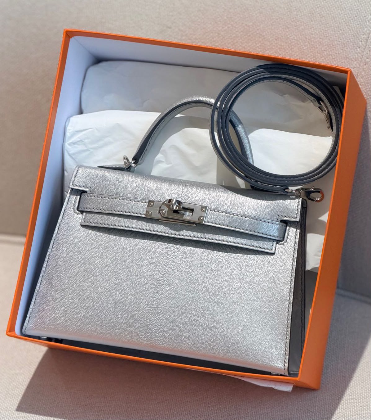 Hermes mini kelly 20 Gris Argente Chevre palladium hardware