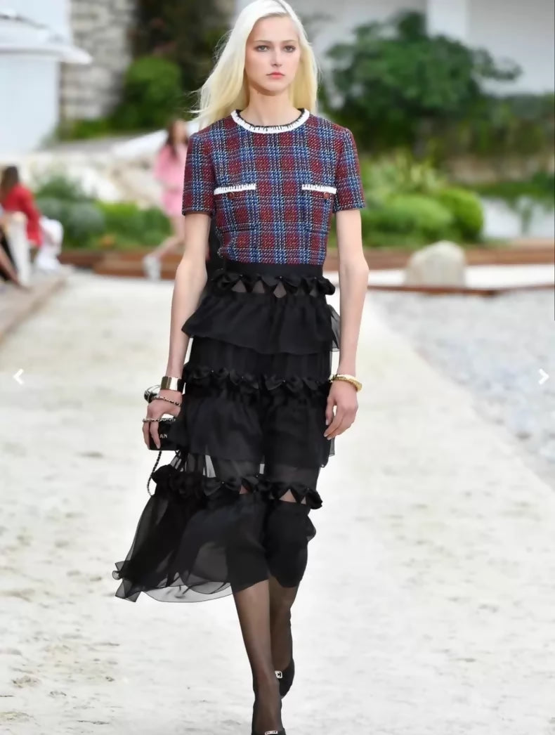 Chanel 23C Red and Blue Lace Long Dress
