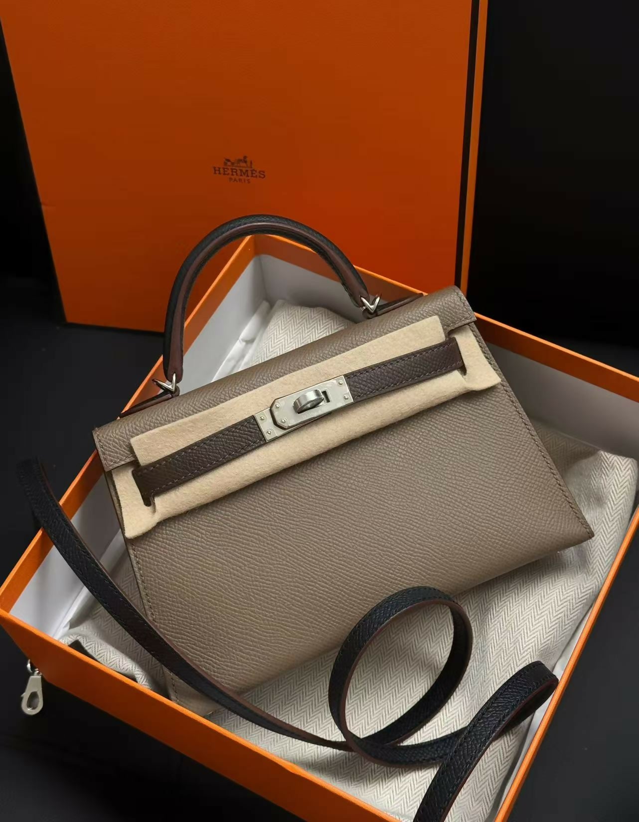 Hermès Mini Kelly 20 Étoupe / 4C Feuille / Noir Tri-Color Epsom Leather with Palladium Hardware